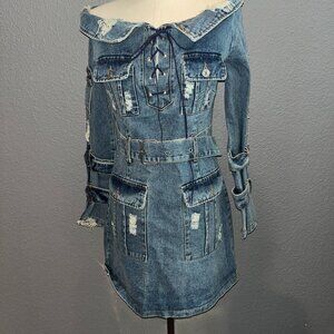 OOOK - I HEART DIY Blue Denim Jean Grunge Dress Recycled Redesigned Repurposed M